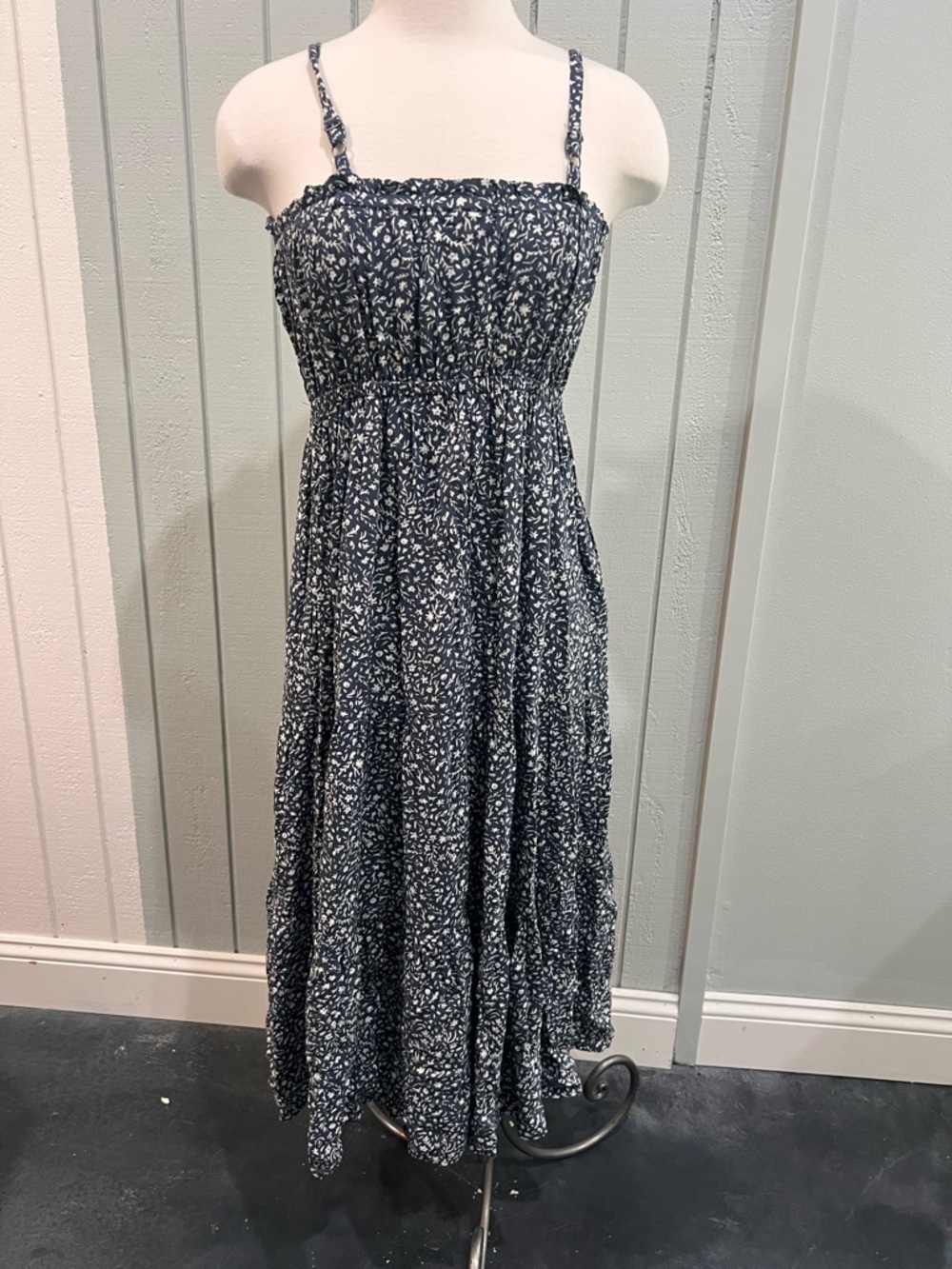 Navy Blue Floral Smocked Midi Dress